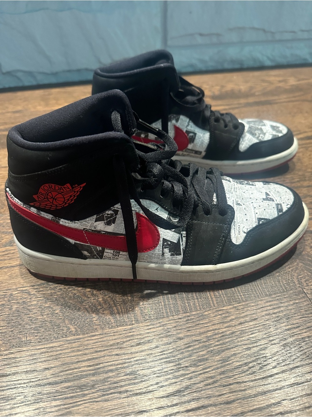 Jordan 1 Mid Newspaper Air Times Black, Red & White High-Top Sneakers Men’s 9